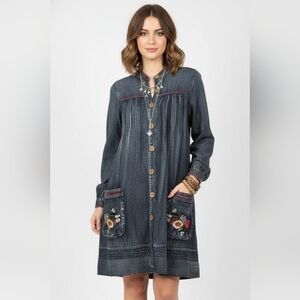 Keer Qiaowa Blue Embroidered Tunic Chambray Blouse Boho Weathered Festival L